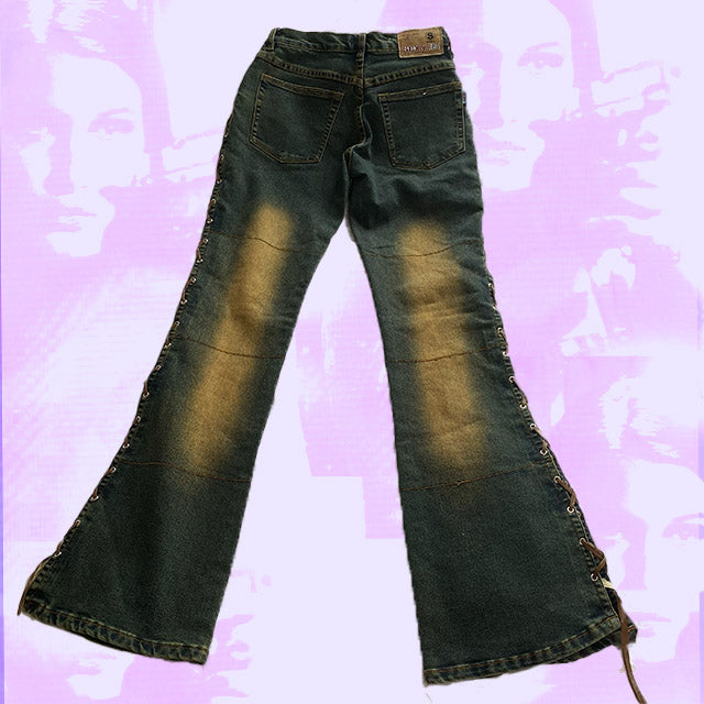 Vintage Y2K Low Waist Jeans with Lace Up Detail (34)