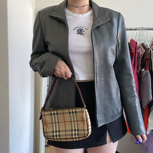 Vintage Y2K Grey Leather Jacket (38)