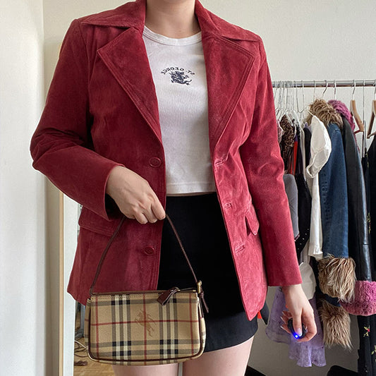 Vintage 90s Dark Pink Suede Boxy Fit Leather Blazer (S/M, Oversize Fit)