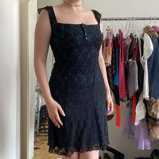 Vintage 90's Fairy Grunge Blue Mesh Dress with Lace Overlay (36)