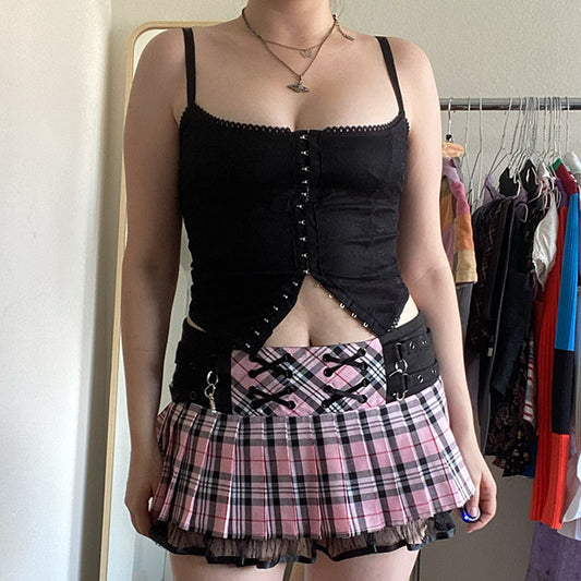 Vintage Y2K Pink Plaid Ruffle Micro Mini Skirt (XL)