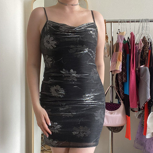 Vintage 90's Shimmery Silver Floral Cowl Neck Dress (36/38)