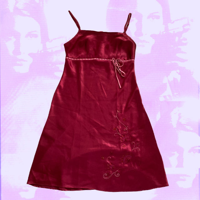 Vintage 90's Etam Red Babydoll Dress with Floral Embroidery (36)