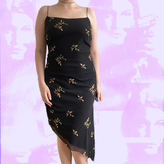 Vintage 90's Asymmetric Black Dress with Embroidered Roses (36/38)