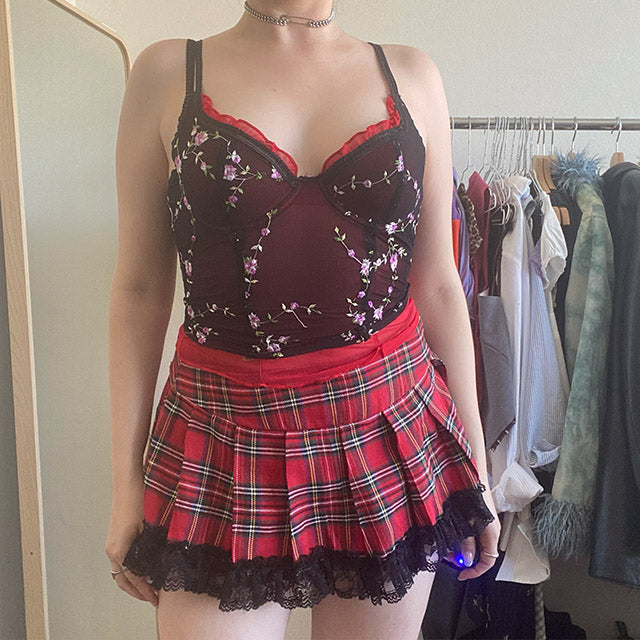 Vintage 90's Red Plaid Miniskirt with Lace Trim (36)