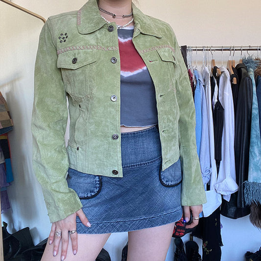 Vintage 90s Pistachio Green Suede Jacket (36 EU/UK 10)