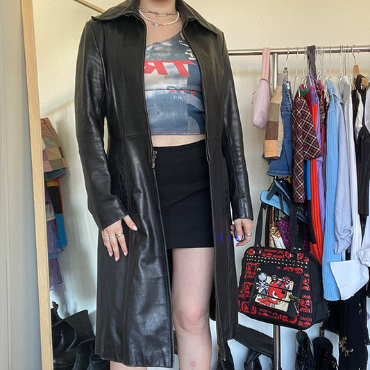 Vintage 90s Matrix Style Black Leather Maxi Coat (38 EU)