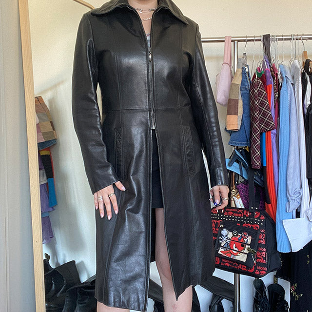 Vintage 90s Matrix Style Black Leather Maxi Coat (38 EU)
