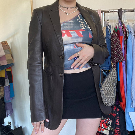 Vintage 90s Very Dark Brown Leather Blazer (36 EU/UK 10)