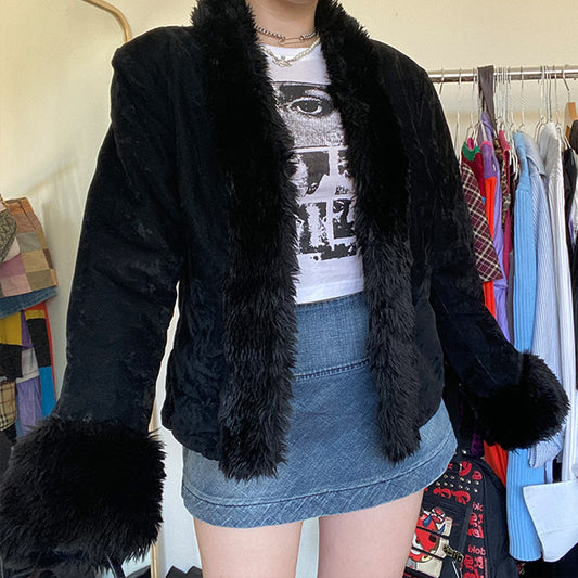 Vintage 90s Black Furry Trim Suede Jacket (M/L)
