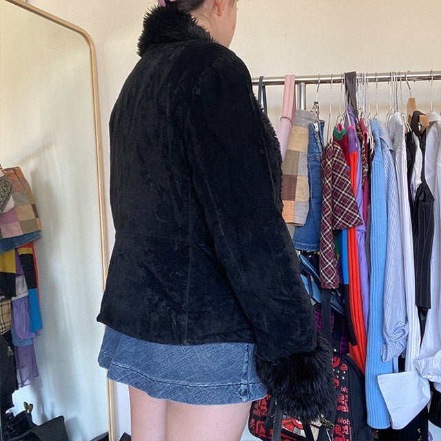 Vintage 90s Black Furry Trim Suede Jacket (M/L)
