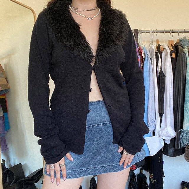 Vintage 90's Black Cardigan with Fake Fur Collar (L)