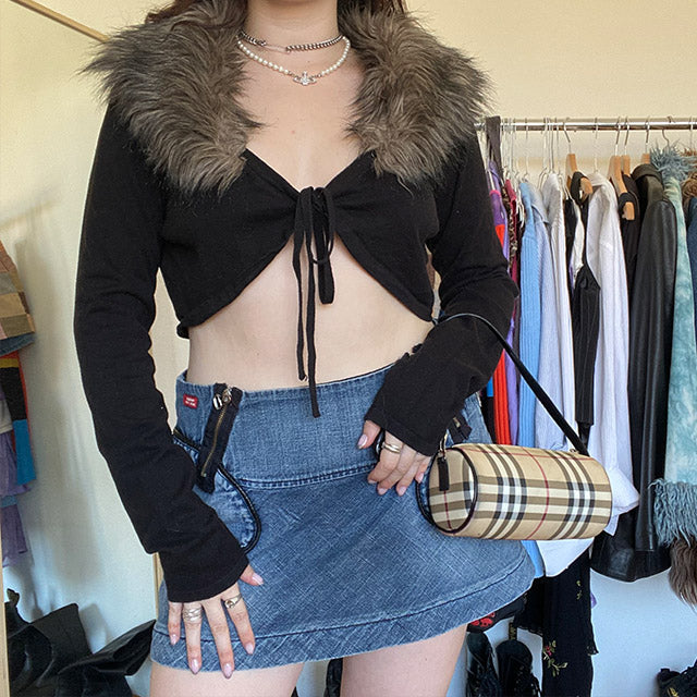 Vintage 90's Black Cropped Cardigan with Brown Fake Fur Collar (M)