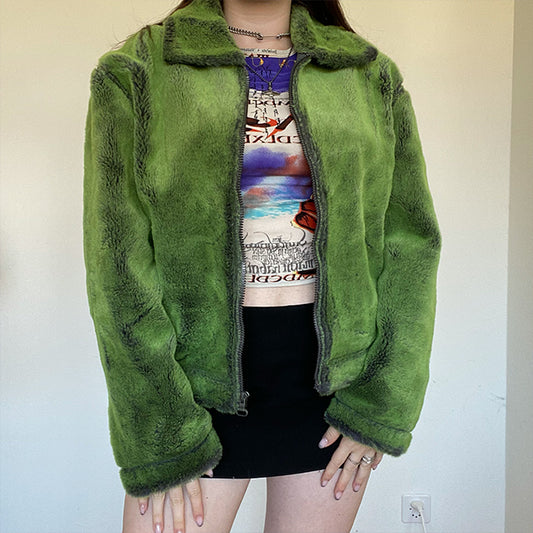 Vintage 90's Nile Green Fur Zip-Up Jacket (S/M)