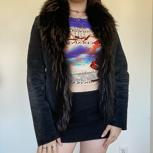Vintage 90s Black Real Suede & Fur Afghan Jacket (XS/S)