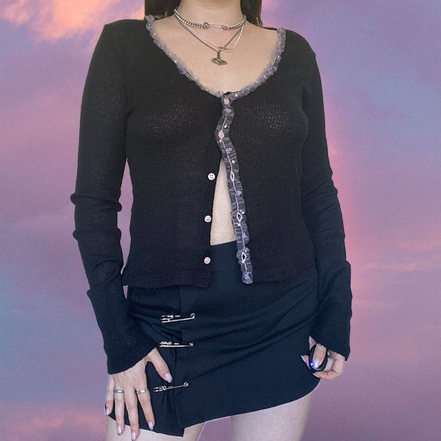 Vintage 90's Malizia La Perla Fairy Black Cardigan with Rose Embroidery (M)