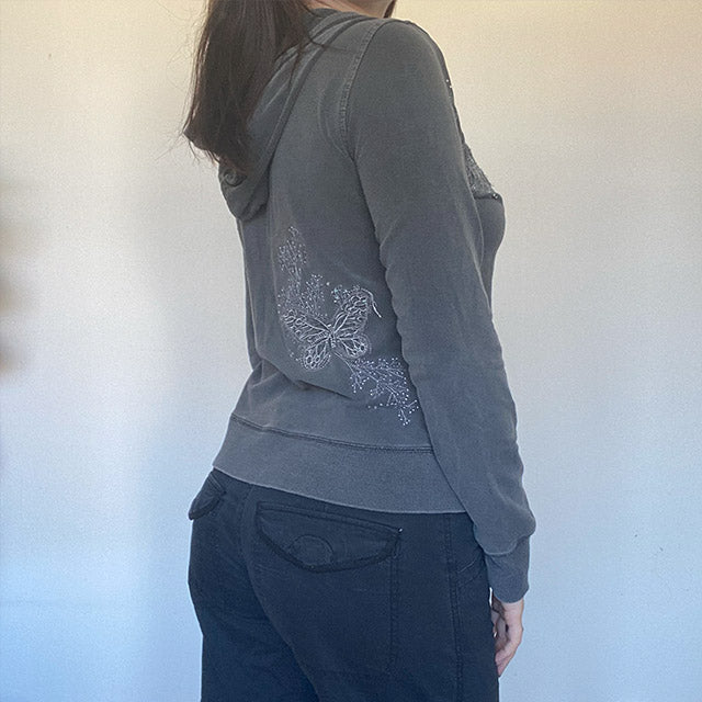Vintage Cyber Y2K Grey Double Zip Hoodie (S/M)