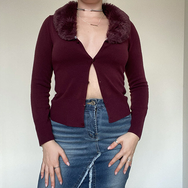 Vintage 90's Fur Collar Burgundy Cardigan (XS/S - Vegan)