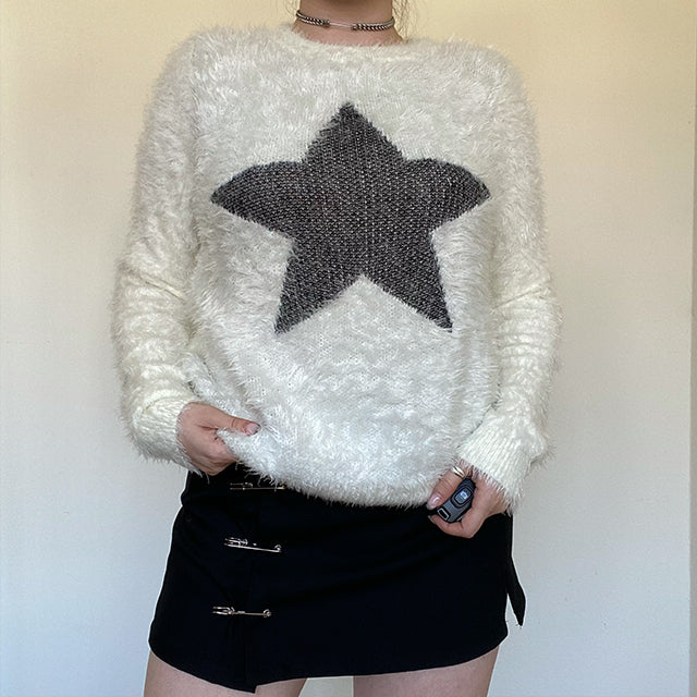 Vintage 90's Fairy Grunge White Fluffy Star Pullover (S/M)