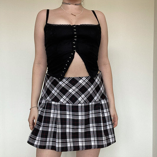 Vintage 90's Fairy Goth Hell Bunny White and Black Plaid Pleated Miniskirt (M)
