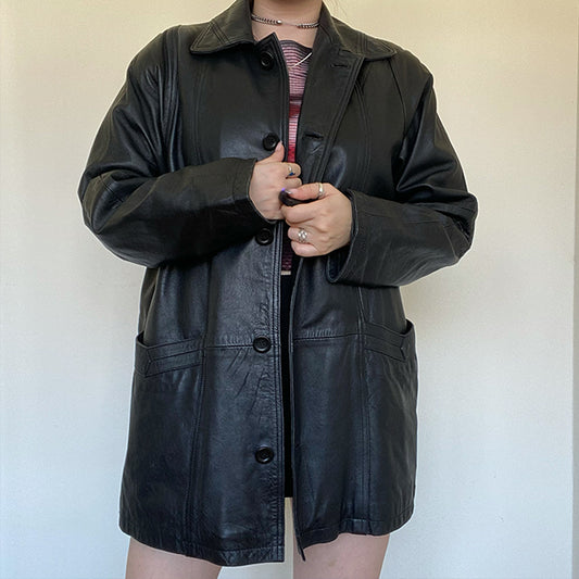 Vintage 90's Black Leather Coat (40 EU / 12 UK)