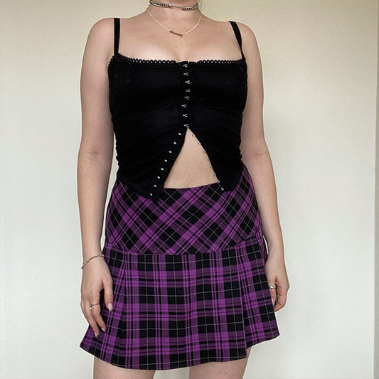 Vintage 90's Cyber Goth Hell Bunny Purple Plaid Pleated Miniskirt (L)