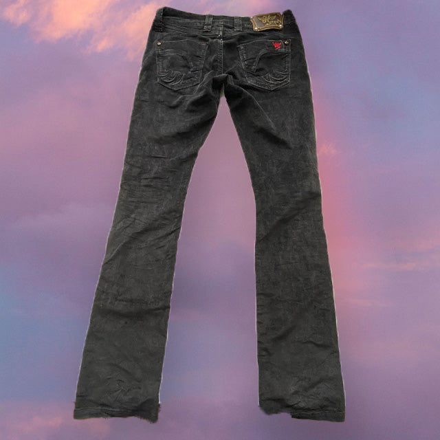 Vintage Y2K Cyber Grunge Low Waist Flared Velour Trousers with Embroidered Cross Detail (38 EU/UK 12)
