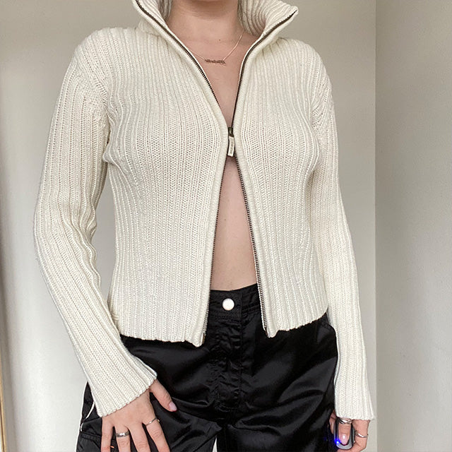 Vintage 90's Rory Gilmore Cream Zip Up Knit Jacket (M/UK 12)