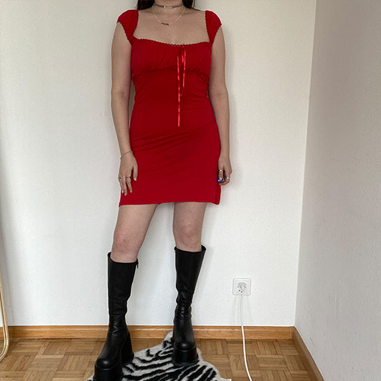 Vintage 90's Babydoll Milkmaid Red Dress (S/M)