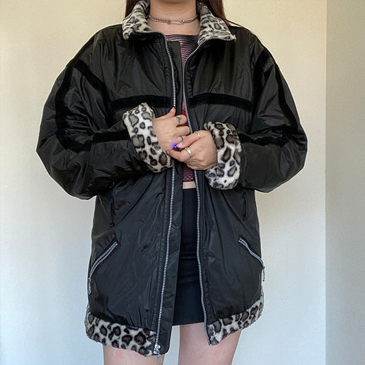 Vintage 90's Cyber Rave Oversize Jacket with Leopard Trim (M)