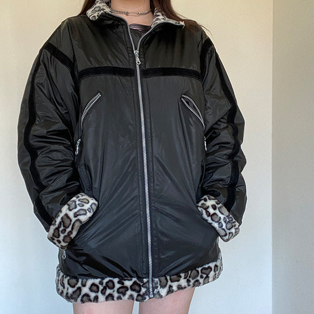 Vintage 90's Cyber Rave Oversize Jacket with Leopard Trim (M)