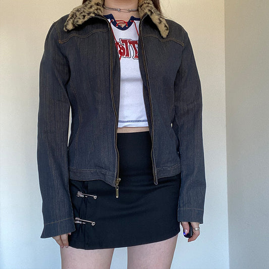Vintage 90's Skater Denim Zip Jacket with Leopard Collar (M)