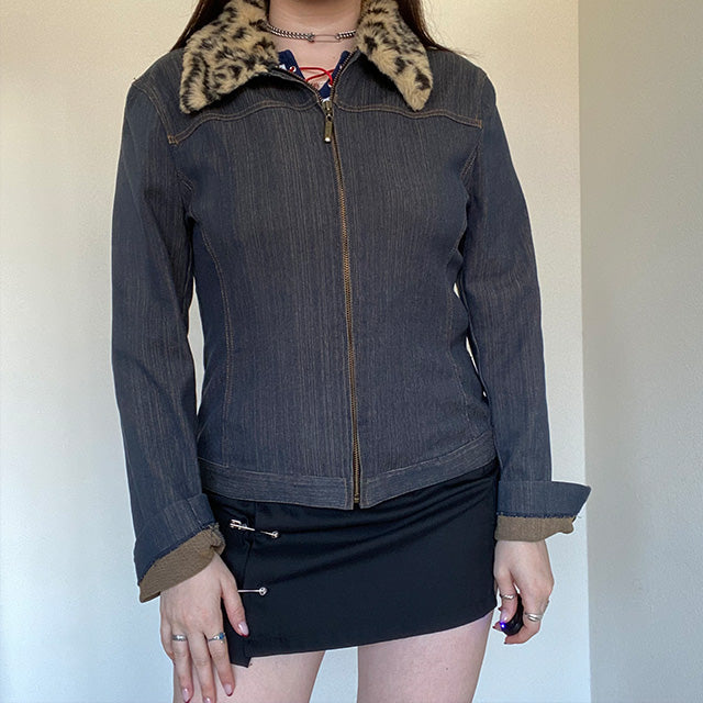 Vintage 90's Skater Denim Zip Jacket with Leopard Collar (M)