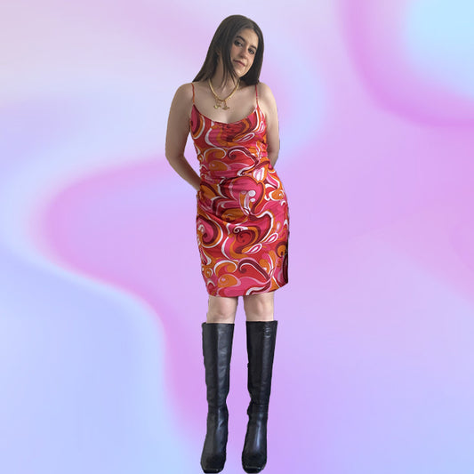 Vintage Y2K Groovy Print Mesh Midi Dress