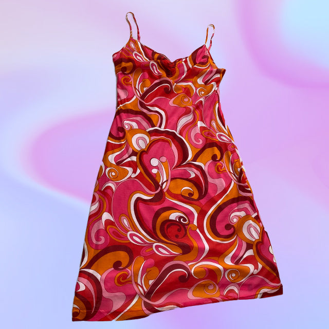 Vintage Y2K Groovy Print Mesh Midi Dress