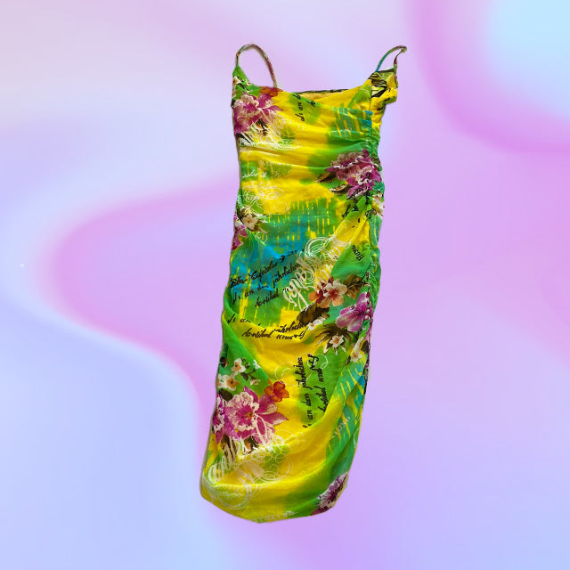 Vintage Y2K Tropical Ruched Mesh Midi Dress