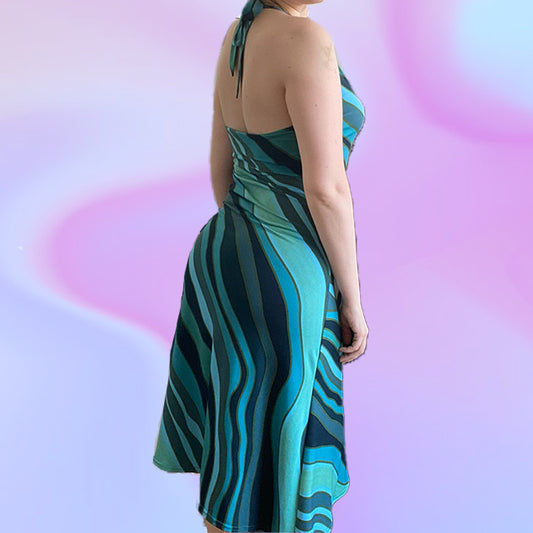 Vintage Y2K Groovy Print Midi Halter Dress