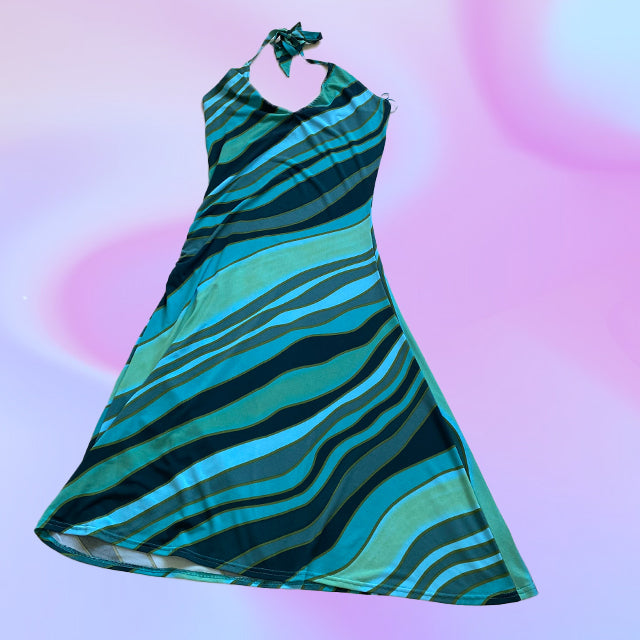 Vintage Y2K Groovy Print Midi Halter Dress