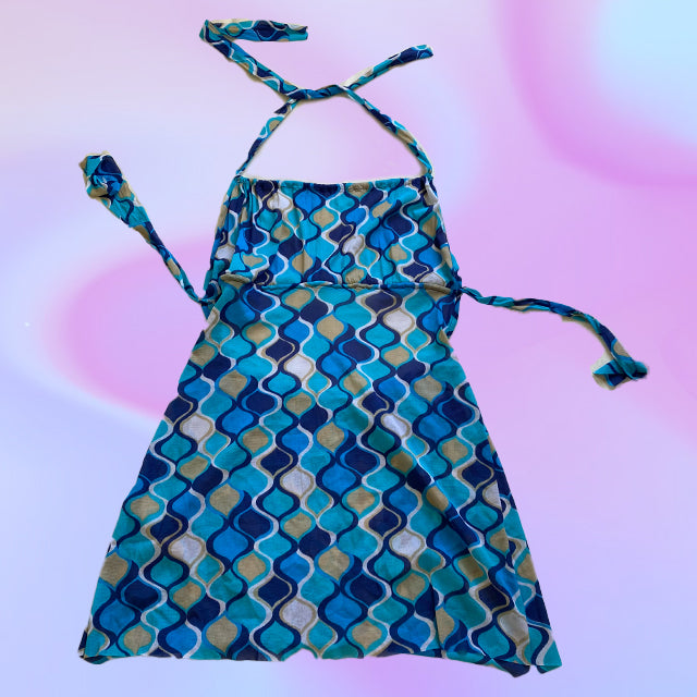 Vintage Y2K Groovy Print Mini Backless Tie Up Dress