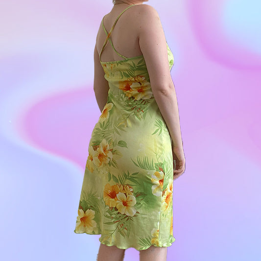Vintage 90's Orsay Green Hibiscus Midi Dress
