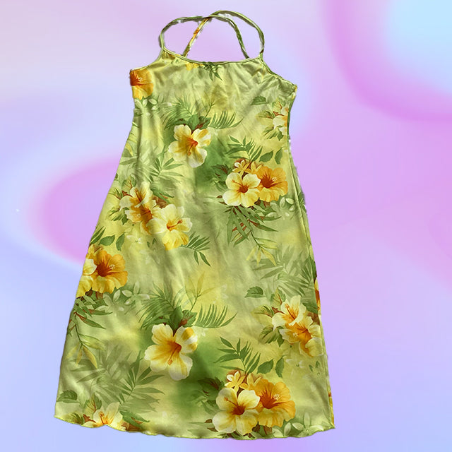 Vintage 90's Orsay Green Hibiscus Midi Dress