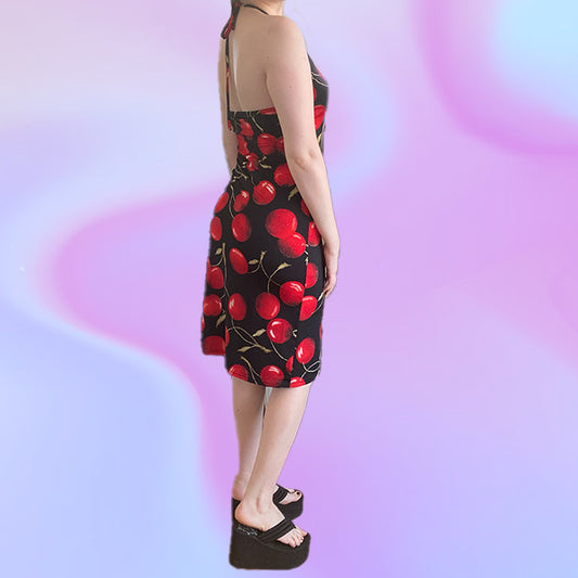 Vintage 90's Cherry Halter Neck Midi Dress
