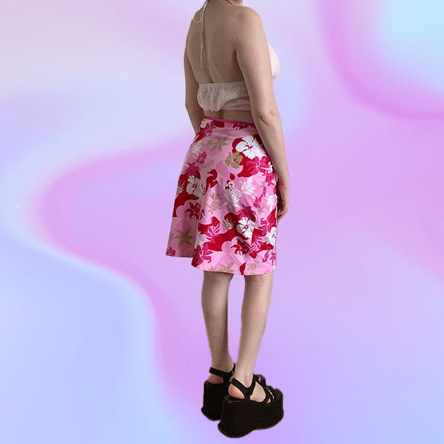Vintage Y2K Pink Hibiscus Midi Skirt