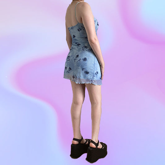 Vintage 90's Baby Blue Mesh Mini Cami Dress