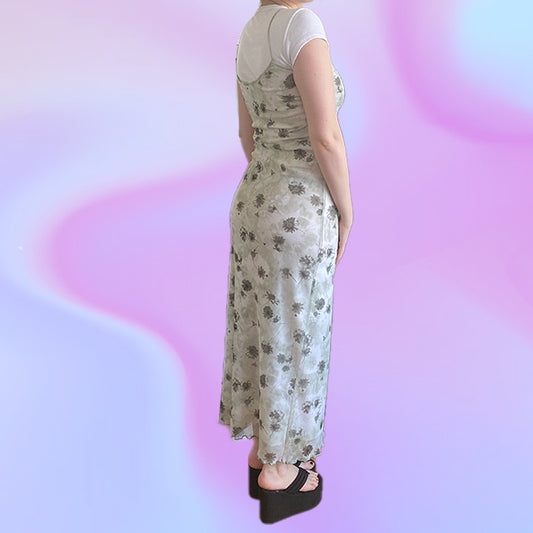 Vintage 90's Green Floral Mesh Maxi Dress