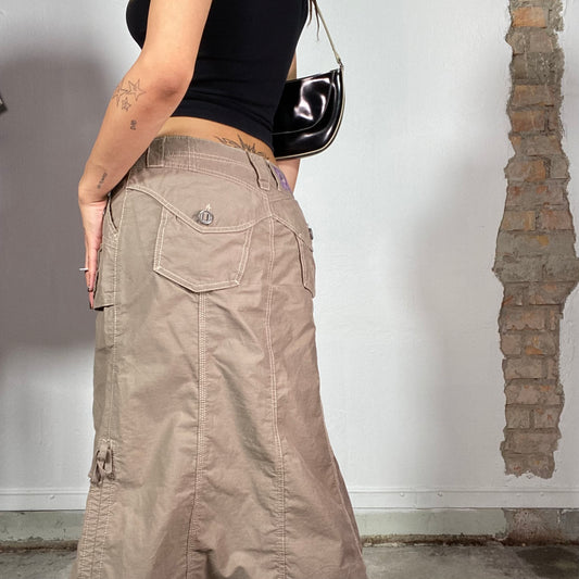 Vintage 2000's Grunge Brown Cargo Midi Skirt with Contrast Stitching (S)