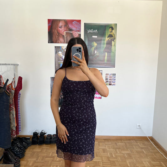 Vintage 90's Romantic Purple Floral Mini Dress with Mesh Overlay (M)