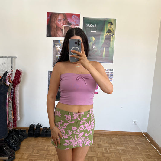 Vintage 90's Summer Green Cargo Mini Skirt with Pink Hibiscus Print (36 EU / UK 8 / US 4)