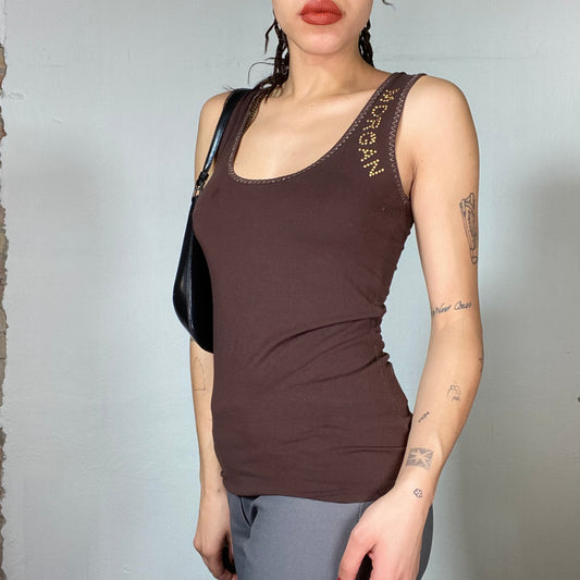 Vintage 2000's Morgan De Toi Brown Tank Top with 'Morgan' Stud Print (S)