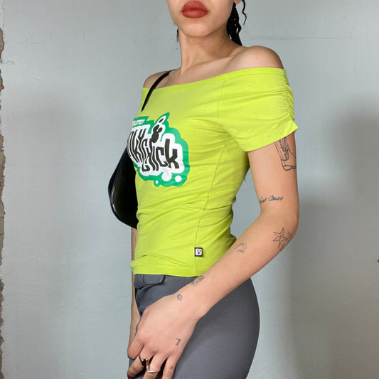 Vintage 2000's Funky green Off Shoulder Shirt with 'FunkyChick' Print (S)